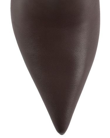 Women's chocolate brown leather ankle boot with high heel and pointed toe