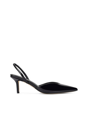 Women's black patent leather slingback kitten heel with pointed toe