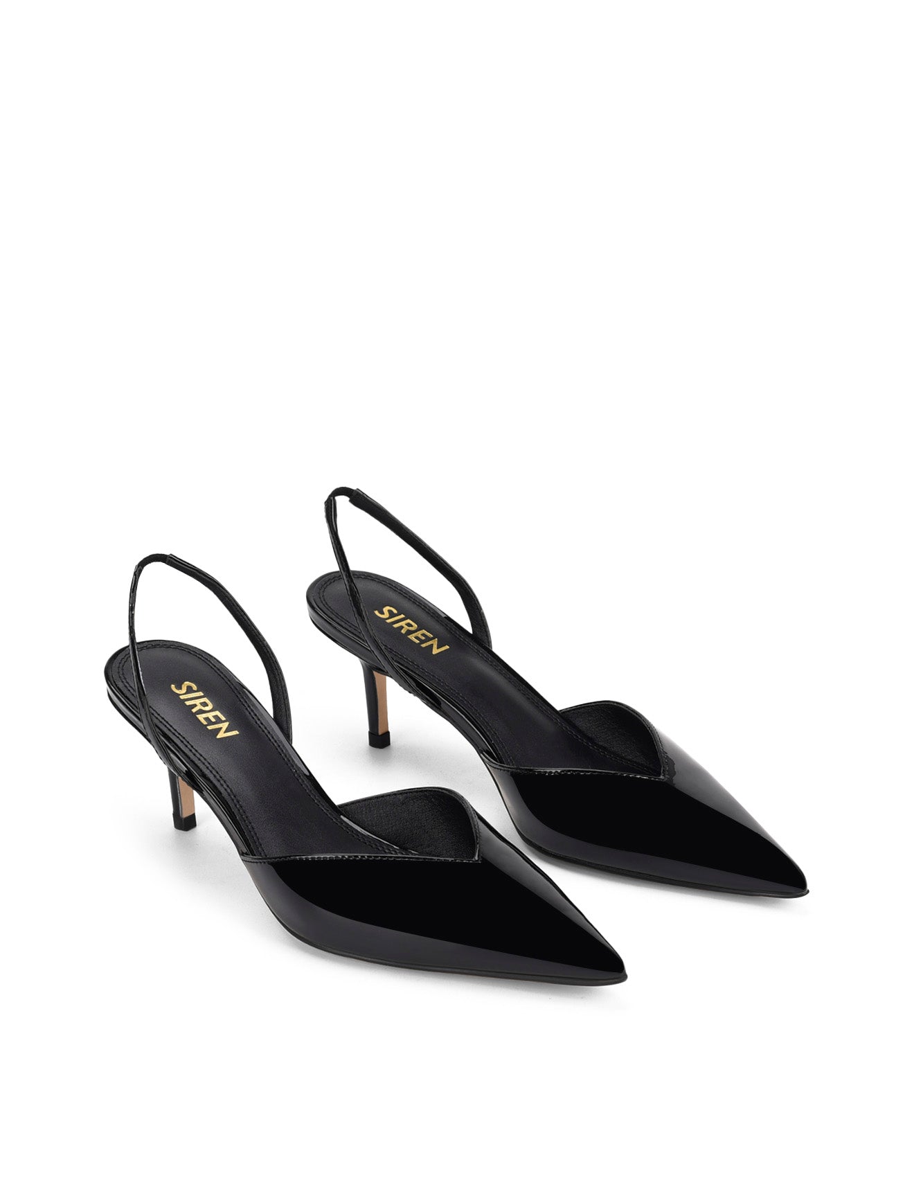 Women's black patent leather slingback kitten heel with pointed toe
