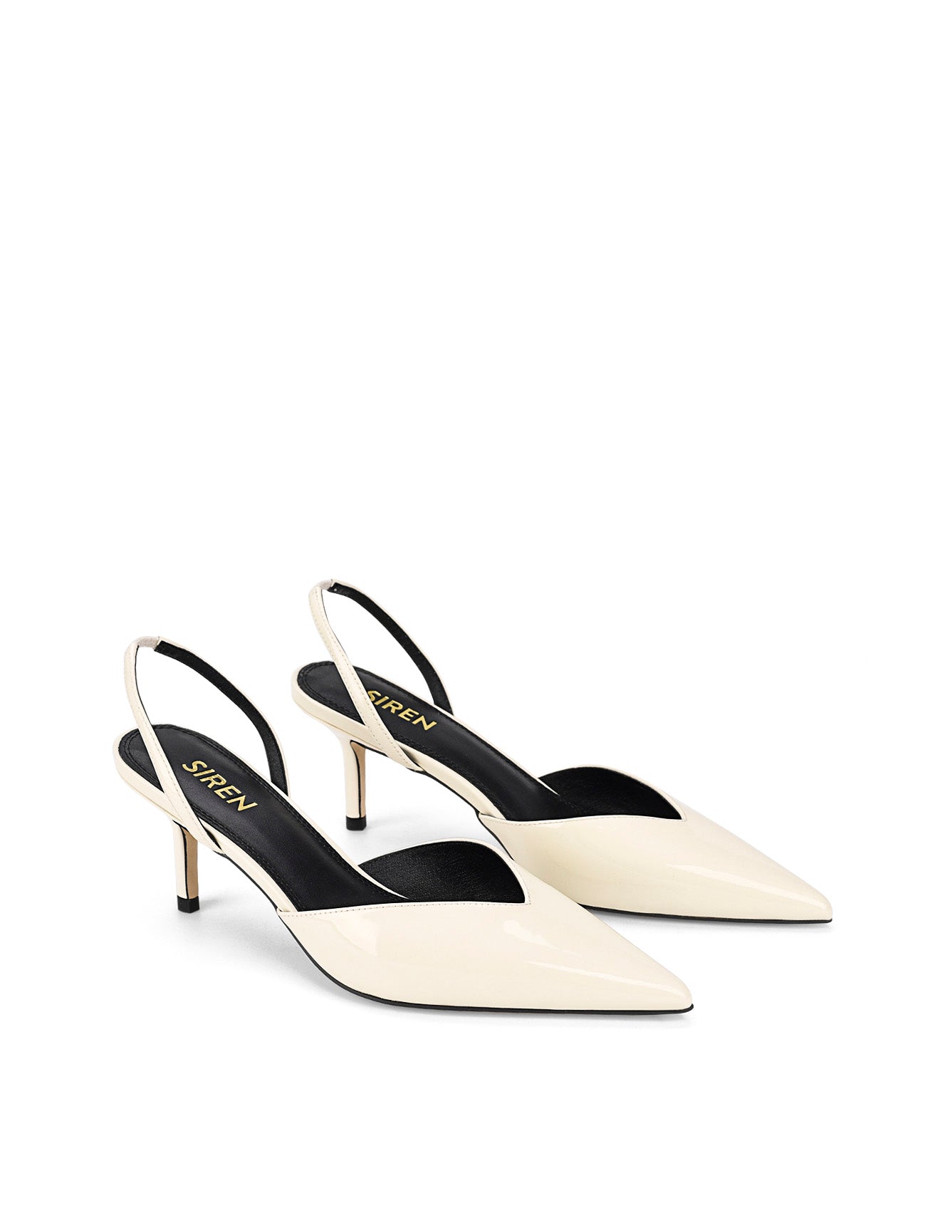 Women's white patent leather slingback kitten heel with pointed toe