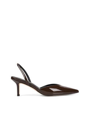 Women's chocolate brown patent leather slingback kitten heels