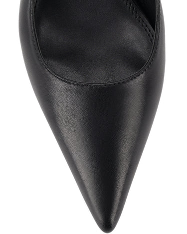 Women's black leather slingback kitten heel with pointed toe and elastic fastening