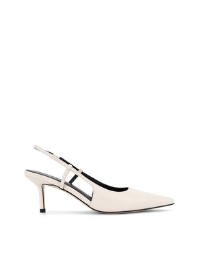 Women's white leather slingback kitten heel with pointed toe and elastic fastening