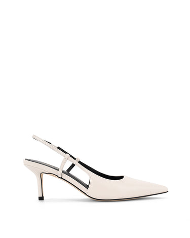 Women's white leather slingback kitten heel with pointed toe and elastic fastening