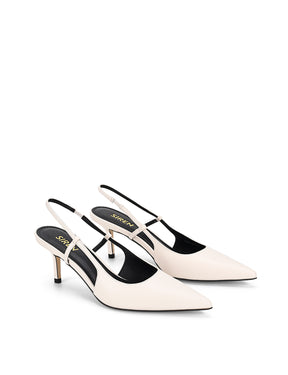 Women's white leather slingback kitten heel with pointed toe and elastic fastening
