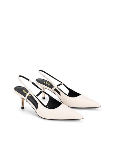 Women's white leather slingback kitten heel with pointed toe and elastic fastening