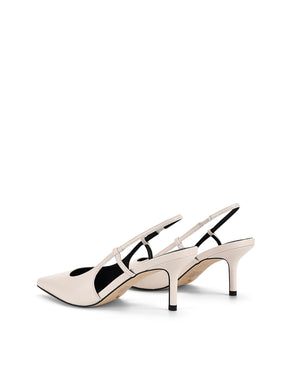 Women's white leather slingback kitten heel with pointed toe and elastic fastening