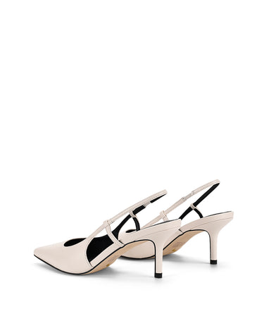 Women's white leather slingback kitten heel with pointed toe and elastic fastening