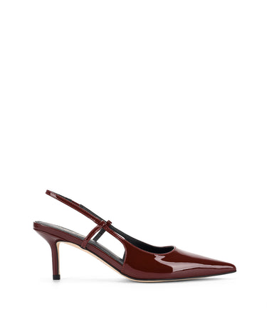 Women's red wine patent leather slingback kitten heel with pointed toe and elastic fastening