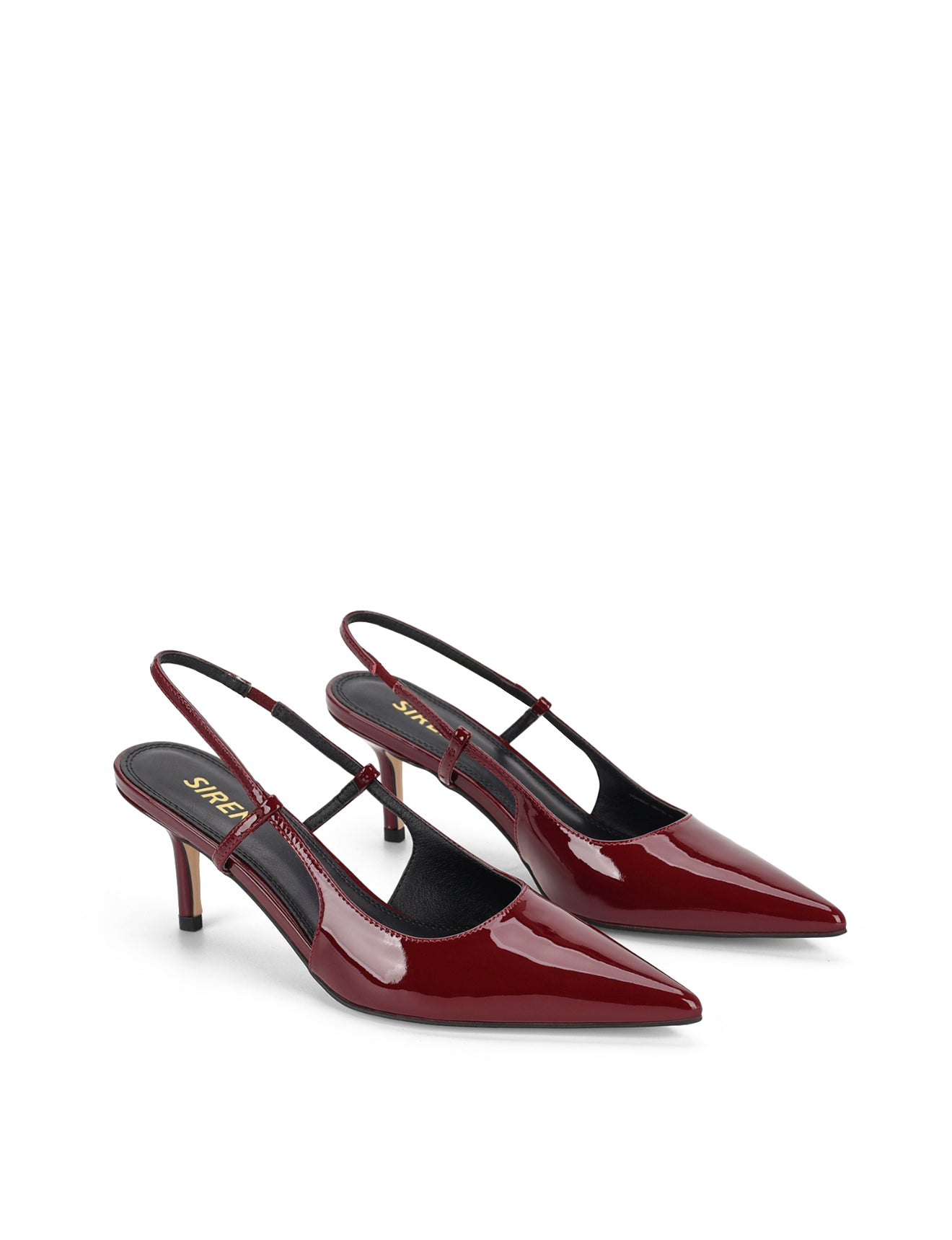 Women's red wine patent leather slingback kitten heel with pointed toe and elastic fastening