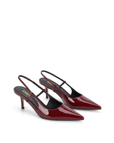 Women's red wine patent leather slingback kitten heel with pointed toe and elastic fastening