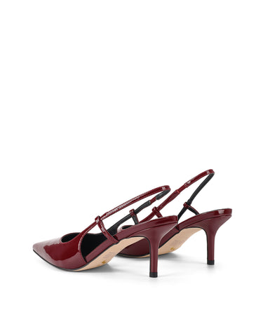 Women's red wine patent leather slingback kitten heel with pointed toe and elastic fastening