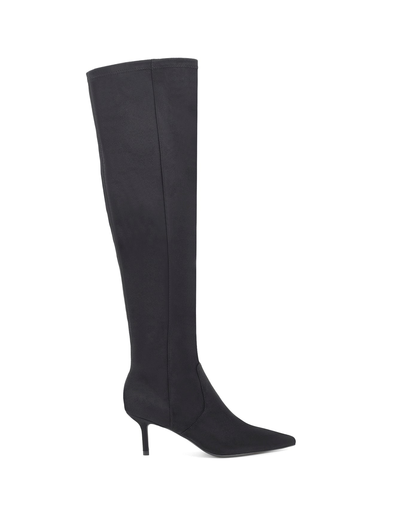 Women's black microsuede stretch over the knee boot with mid stiletto heel and pointed toe