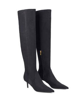 Women's black microsuede stretch over the knee boot with mid stiletto heel and pointed toe