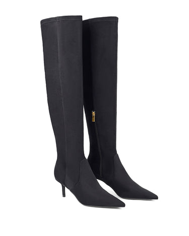 Women's black microsuede stretch over the knee boot with mid stiletto heel and pointed toe