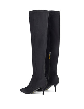 Women's black microsuede stretch over the knee boot with mid stiletto heel and pointed toe