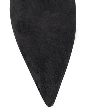 Women's black microsuede stretch over the knee boot with mid stiletto heel and pointed toe
