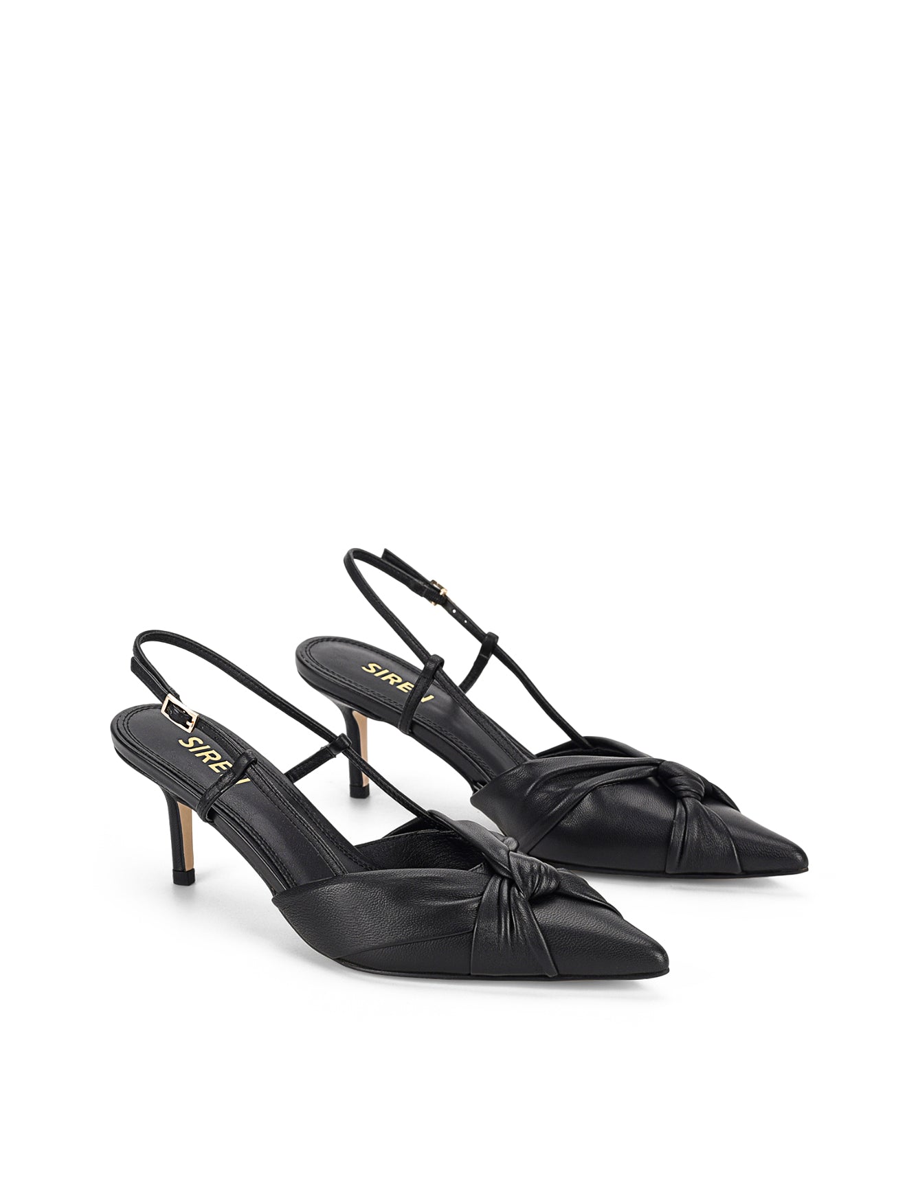 Women's black leather slingback kitten heel with knot detailling