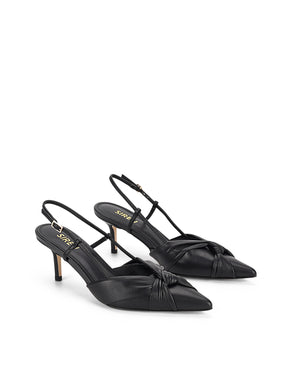 Women's black leather slingback kitten heel with knot detailling