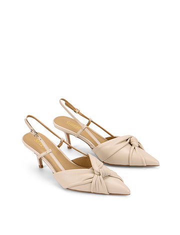 Women's beige leather slingback kitten heel with upper knot detailing