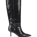Women's black croc embossed leather knee high boot with high heel and pointed toe