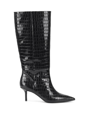 Women's black croc embossed leather knee high boot with high heel and pointed toe