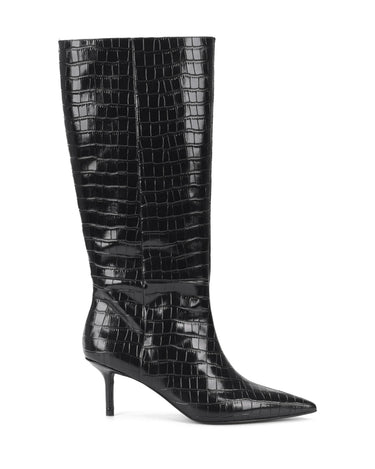 Women's black croc embossed leather knee high boot with high heel and pointed toe