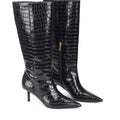 Women's black croc embossed leather knee high boot with high heel and pointed toe