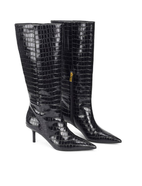 Women's black croc embossed leather knee high boot with high heel and pointed toe