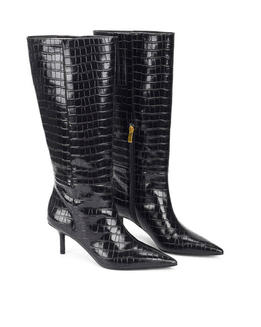 Women's black croc embossed leather knee high boot with high heel and pointed toe