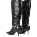 Women's black croc embossed leather knee high boot with high heel and pointed toe