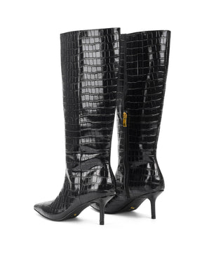 Women's black croc embossed leather knee high boot with high heel and pointed toe