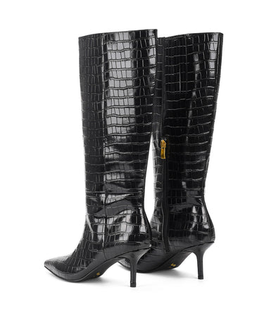 Women's black croc embossed leather knee high boot with high heel and pointed toe