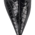 Women's black croc embossed leather knee high boot with high heel and pointed toe