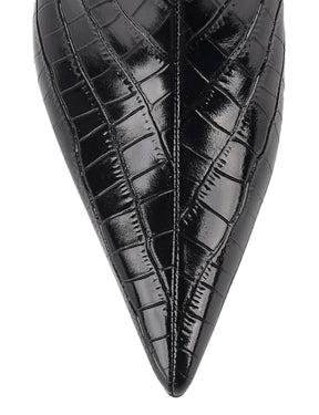 Women's black croc embossed leather knee high boot with high heel and pointed toe