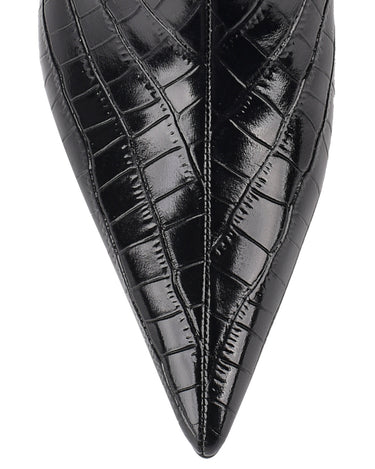 Women's black croc embossed leather knee high boot with high heel and pointed toe