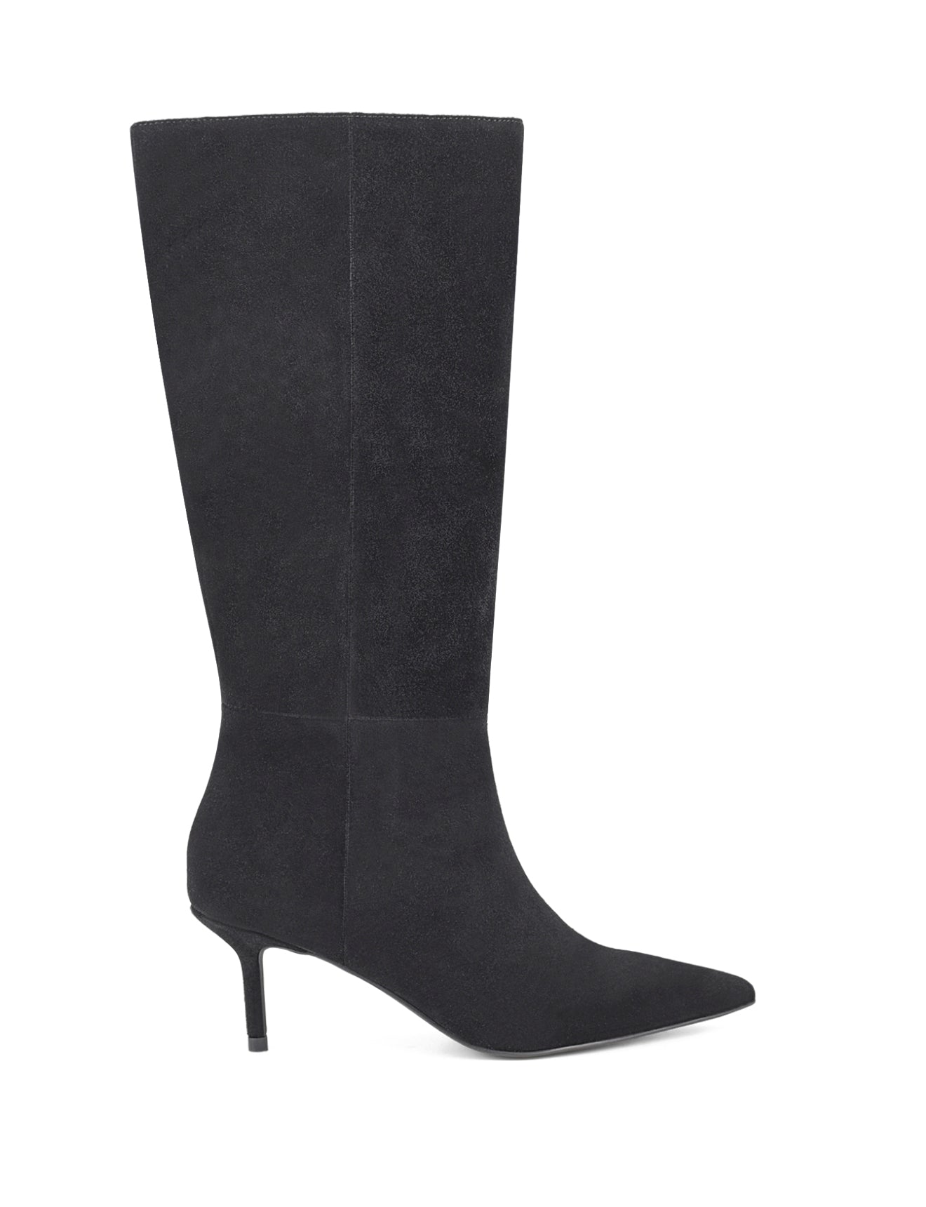 Women's black leather suede knee high boot with kitten heel and pointed toe 