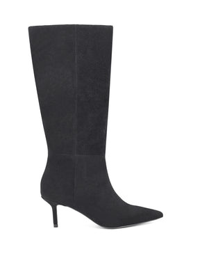 Women's black leather suede knee high boot with kitten heel and pointed toe 