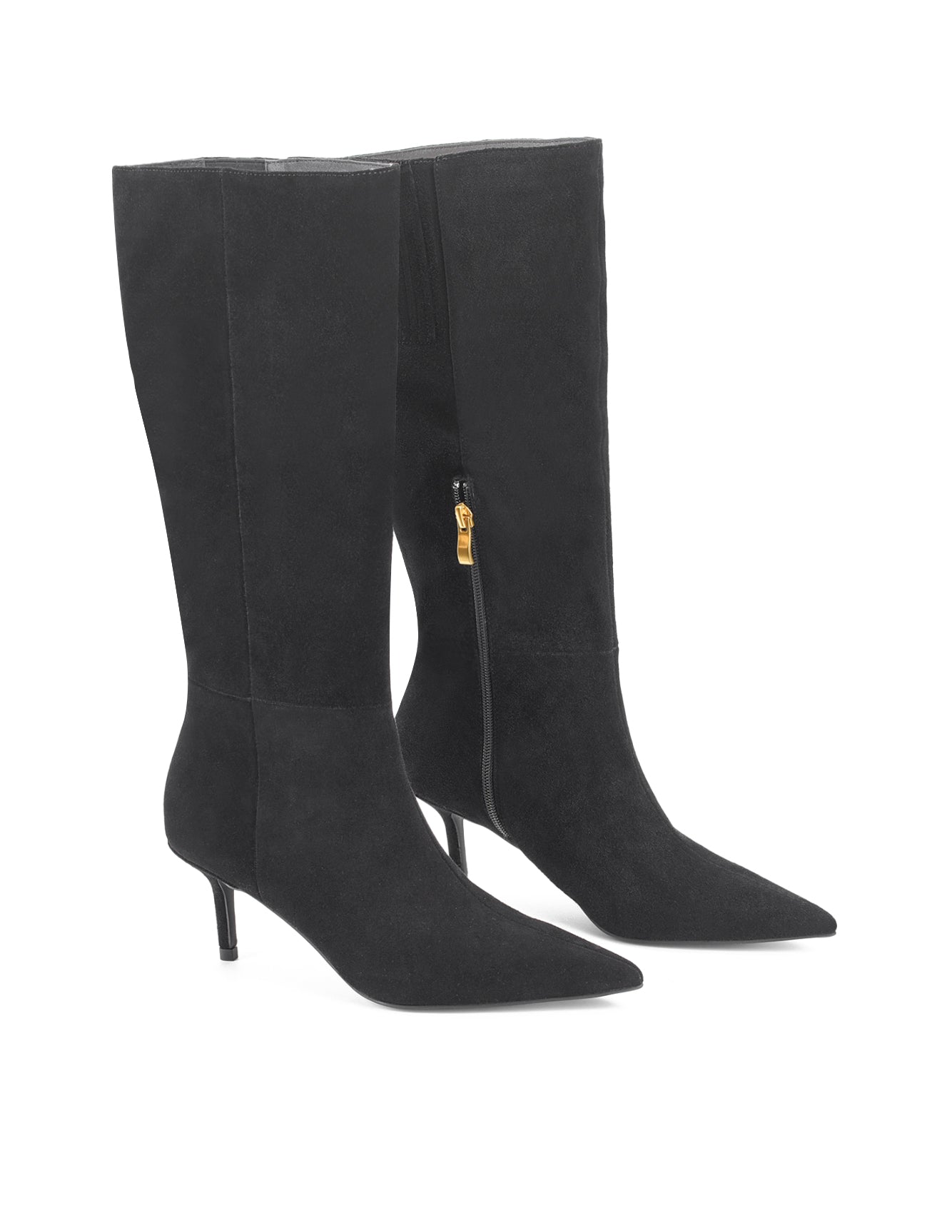 Women's black leather suede knee high boot with kitten heel and pointed toe 