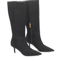 Women's black leather suede knee high boot with kitten heel and pointed toe 