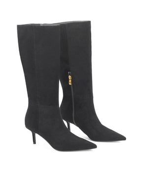 Women's black leather suede knee high boot with kitten heel and pointed toe 