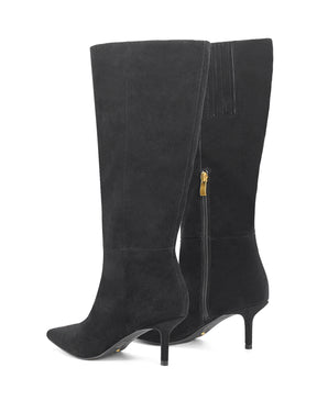 Women's black leather suede knee high boot with kitten heel and pointed toe 