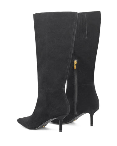 Women's black leather suede knee high boot with kitten heel and pointed toe 