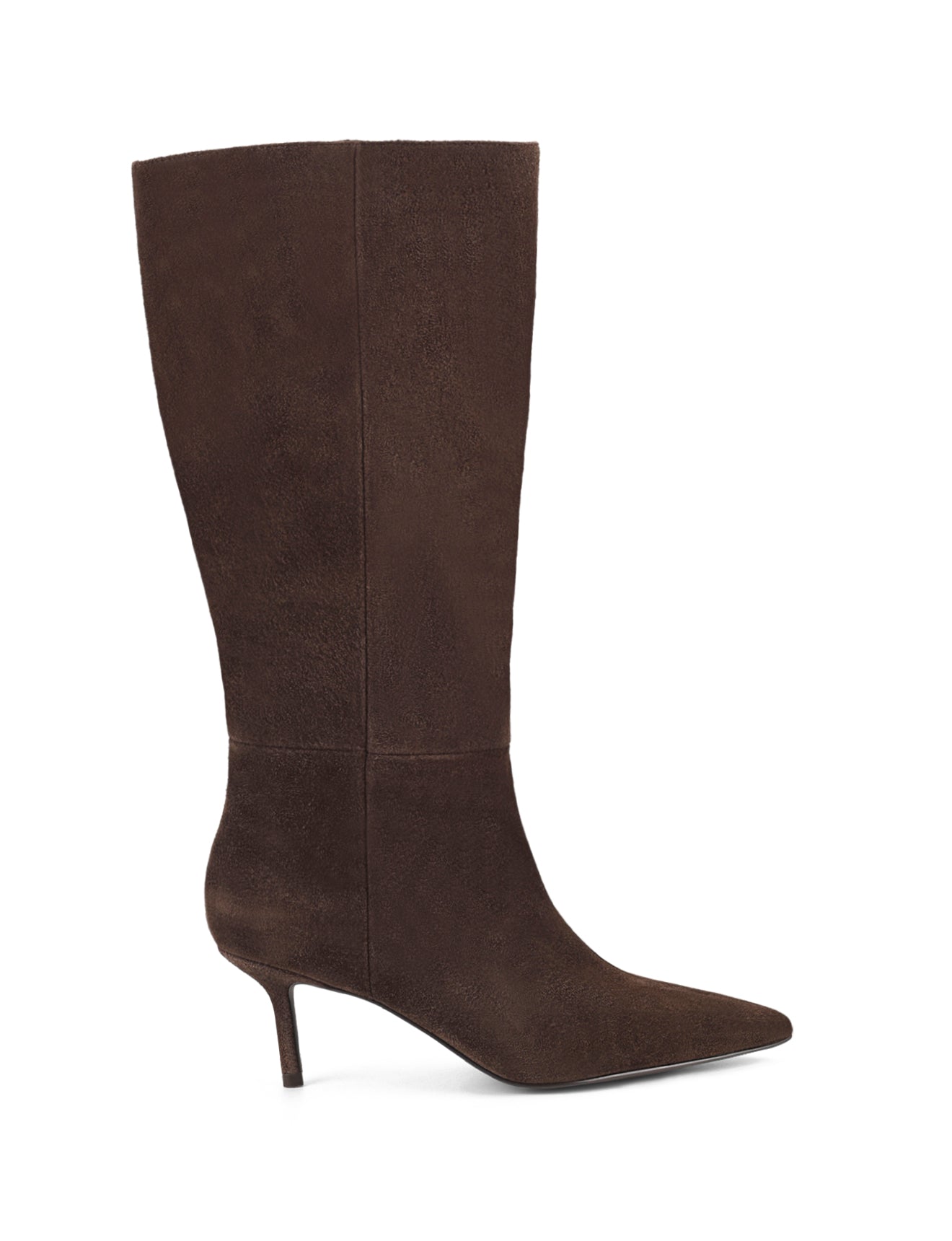 Women's chocolate brown leather suede knee high boot with kitten heel and pointed toe 