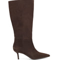 Women's chocolate brown leather suede knee high boot with kitten heel and pointed toe 