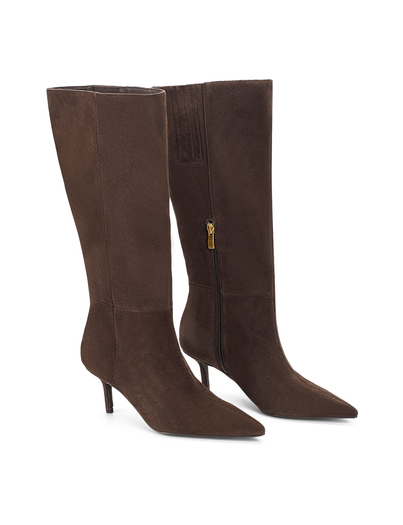 Women's chocolate brown leather suede knee high boot with kitten heel and pointed toe 