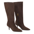 Women's chocolate brown leather suede knee high boot with kitten heel and pointed toe 