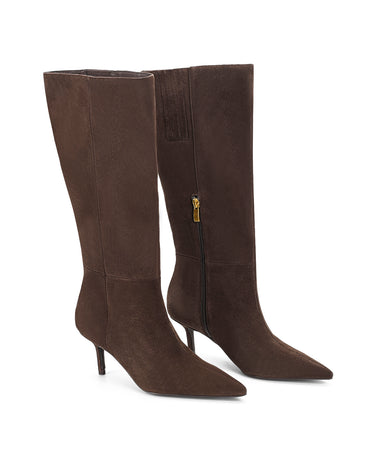 Women's chocolate brown leather suede knee high boot with kitten heel and pointed toe 