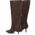 Women's chocolate brown leather suede knee high boot with kitten heel and pointed toe 