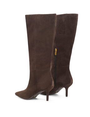 Women's chocolate brown leather suede knee high boot with kitten heel and pointed toe 